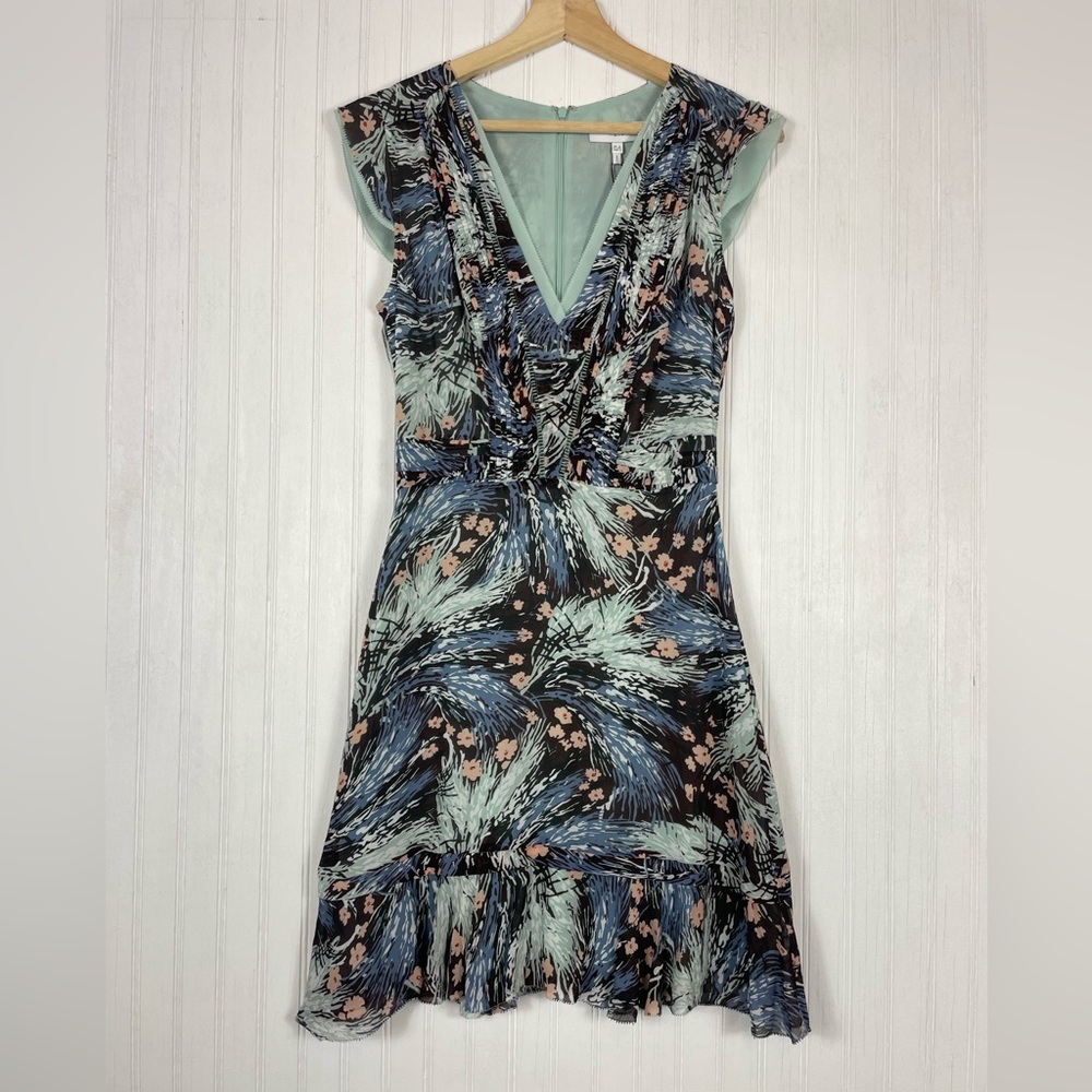 Reiss Women's Multicolor Floral Green/Black Ruffled Hem Dress Sz 2